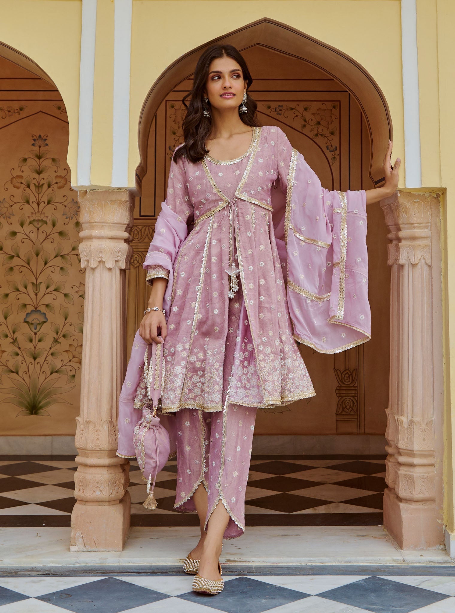 Mulmul Tissue Satin Sajeya Lilac Anarkali Kurta with Mulmul Luxe Tissue Satin Sajeya Lilac Dhoti Pant