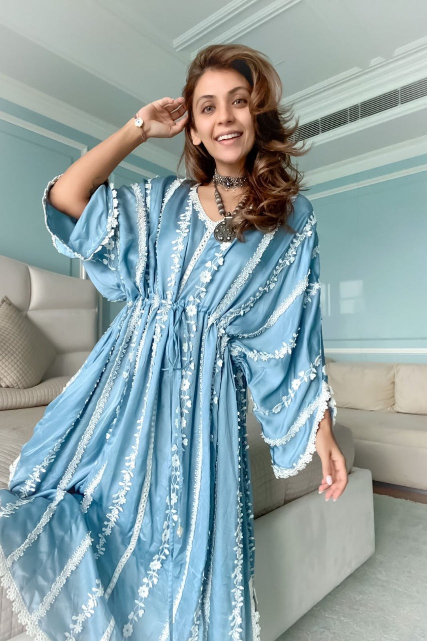 Mulmul Cupro Silk Montana Blue Kaftan