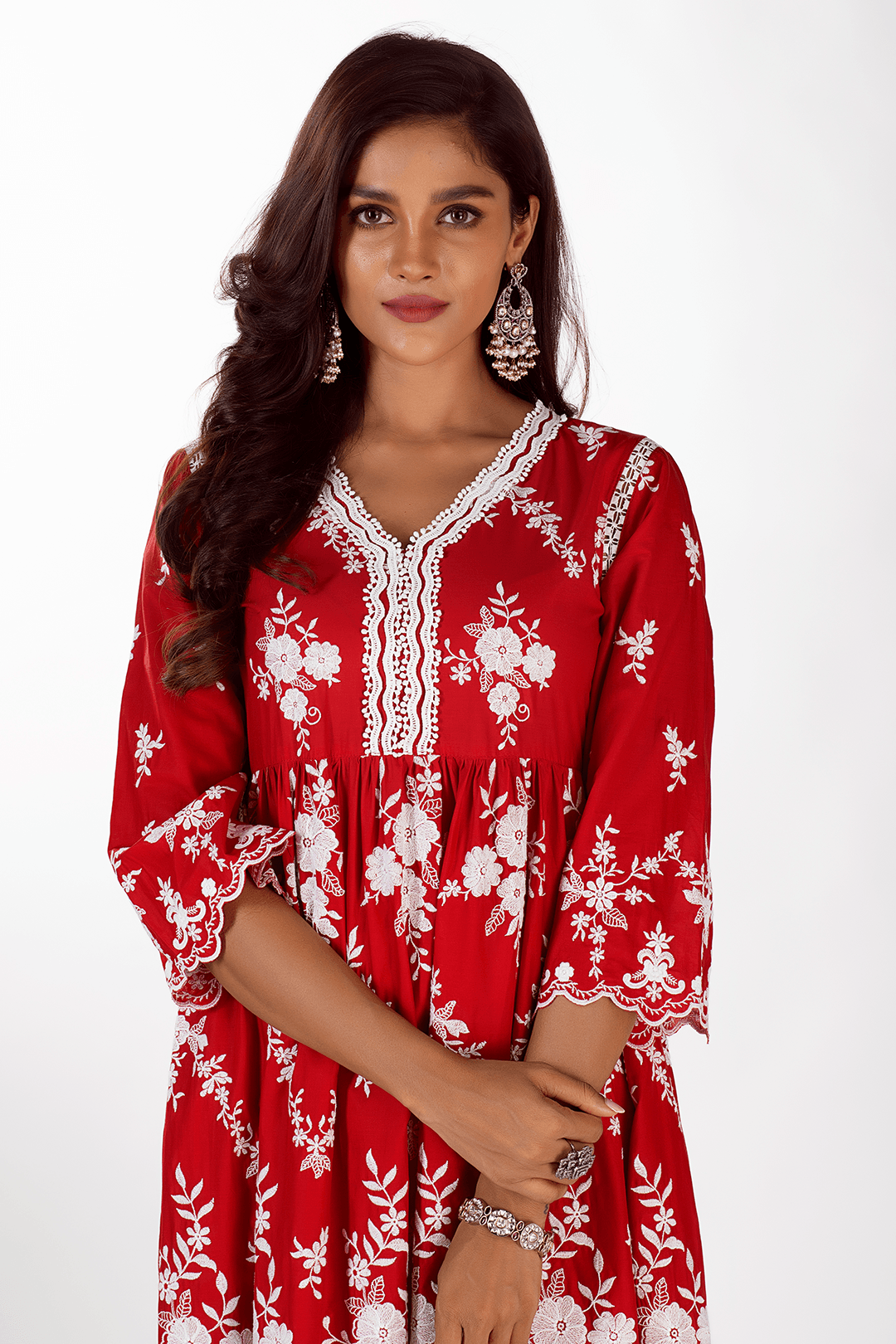 Mulmul Cotton Zambi Red Kurta With Zambi Pant Red