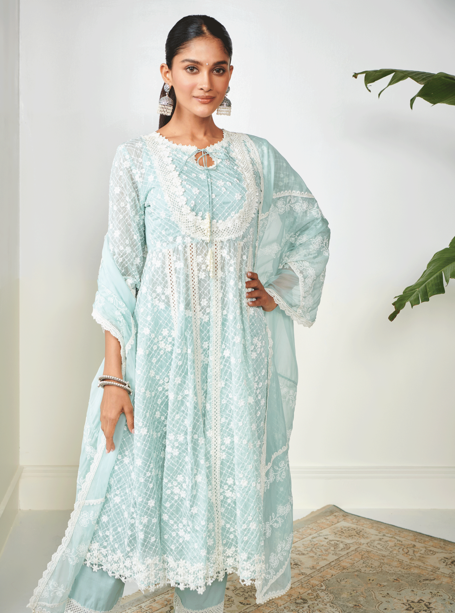 Mulmul Organza Zola Anarkali Light Blue Kurta With Mulmul Cotton Zola Light Blue Pant