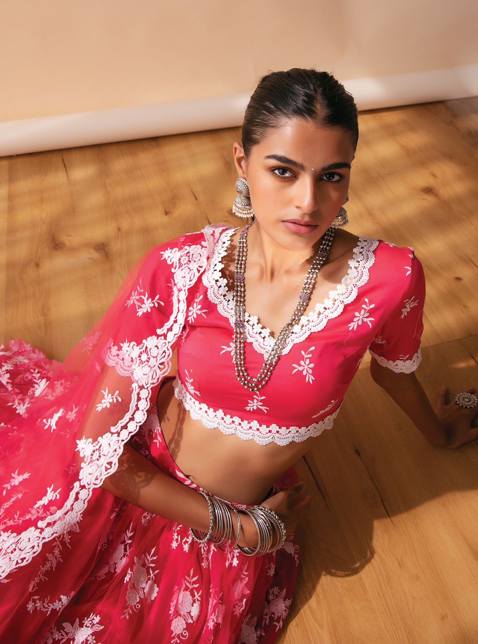 Mulmul Almora Red Net Lehenga