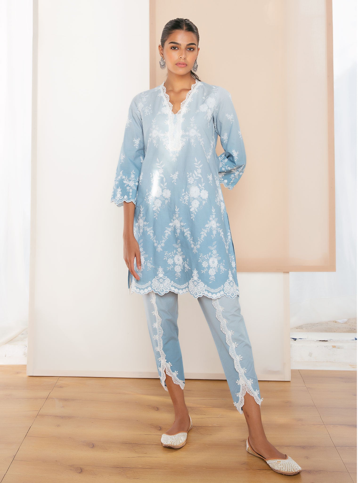 Mulmul Cotton Atrai Blue Kurta With Atrai Blue Dhoti Pant