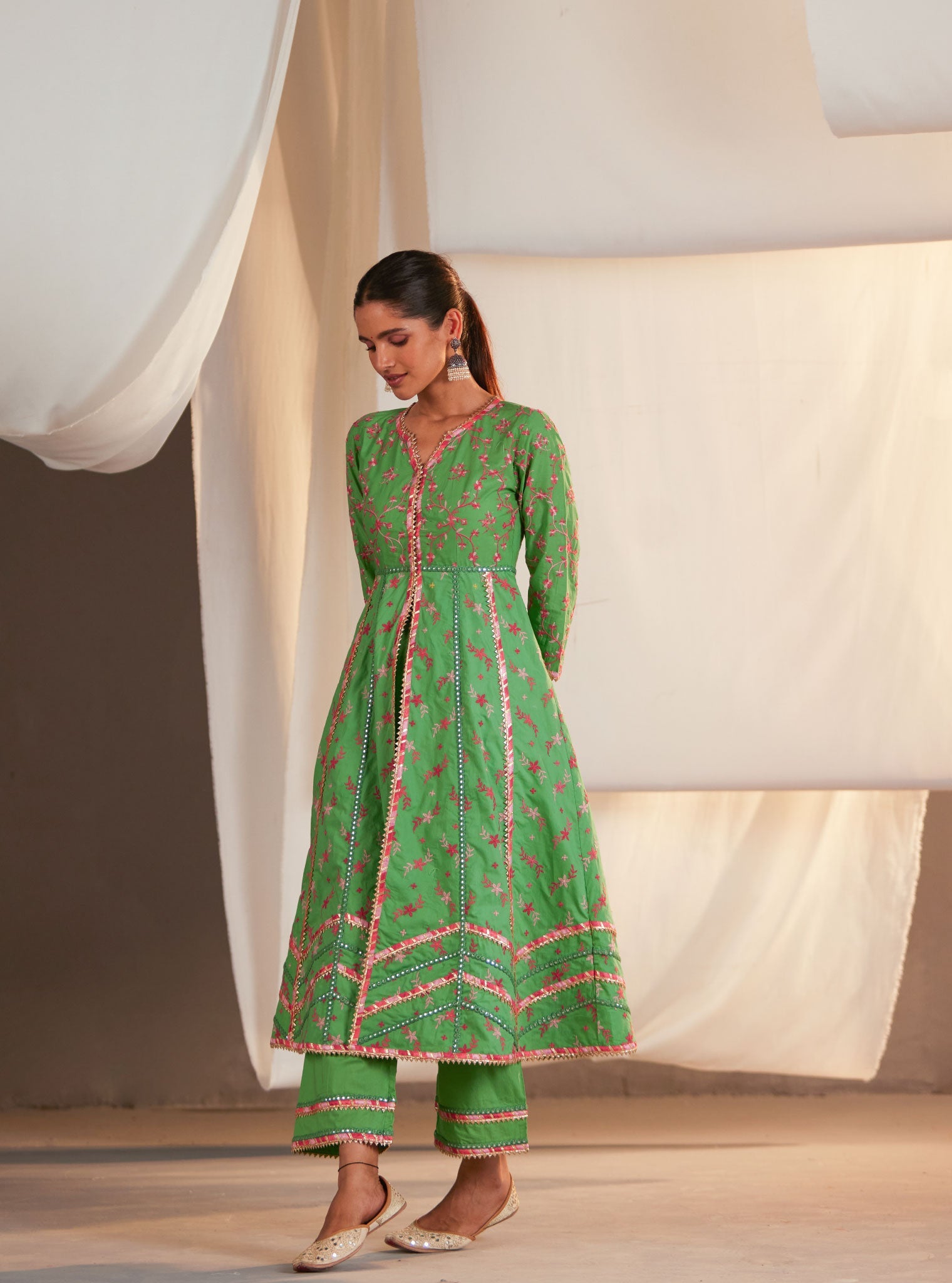 Mulmul Cotton Ayla Anarkali Green Kurta With Ayla Green Pant