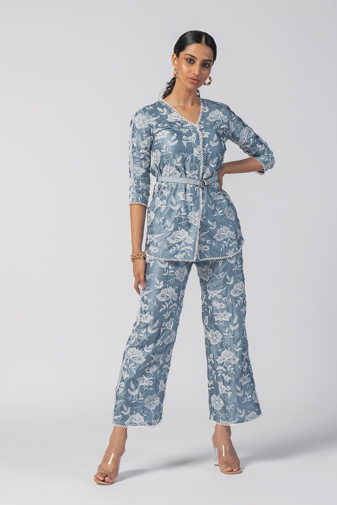 Mulmul Cupro Caroline Blue Top With Caroline Blue Pant Co-Ord Set