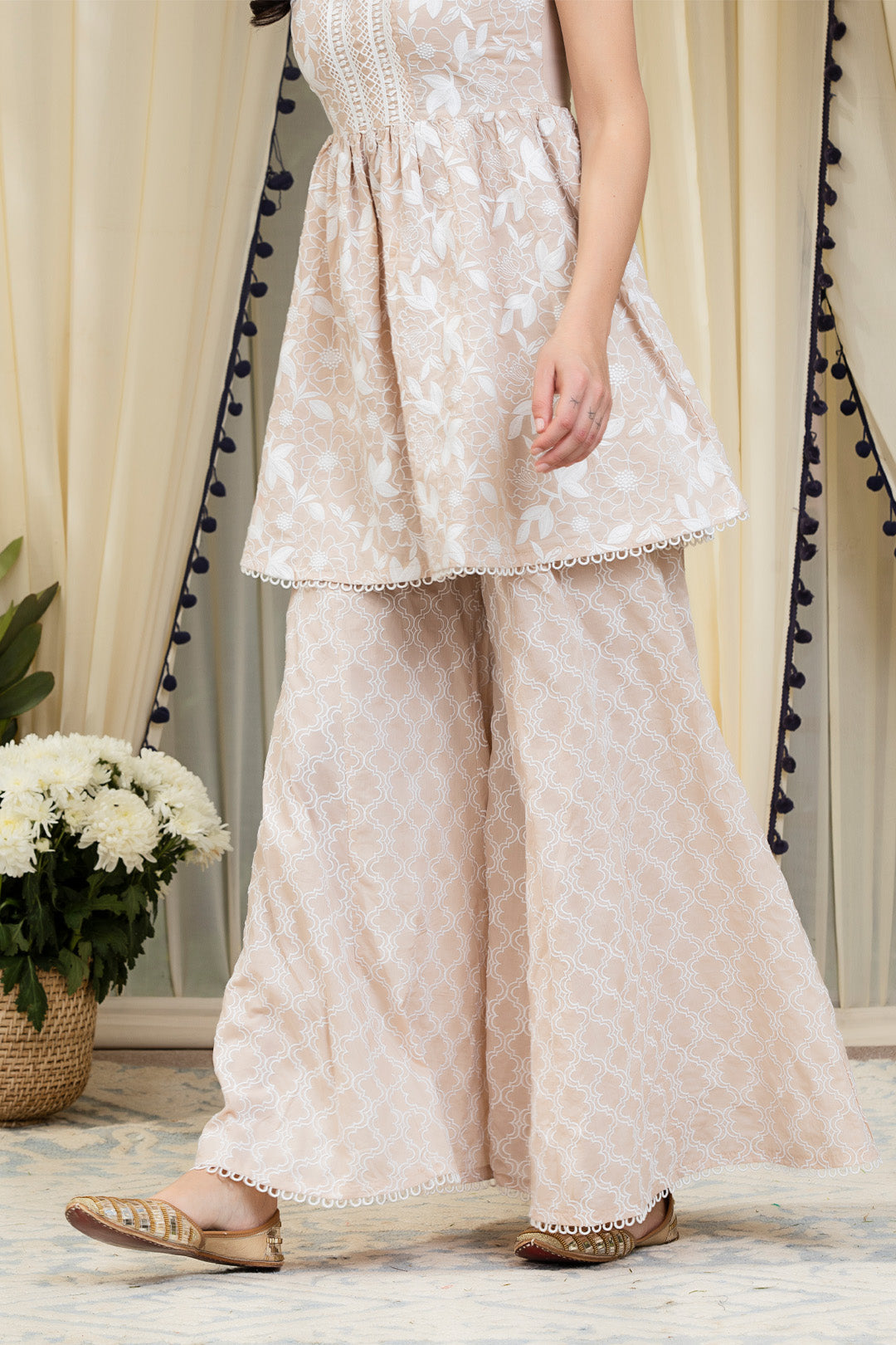 Mulmul Magnolia Beige Kurta With Embroidered Sharara