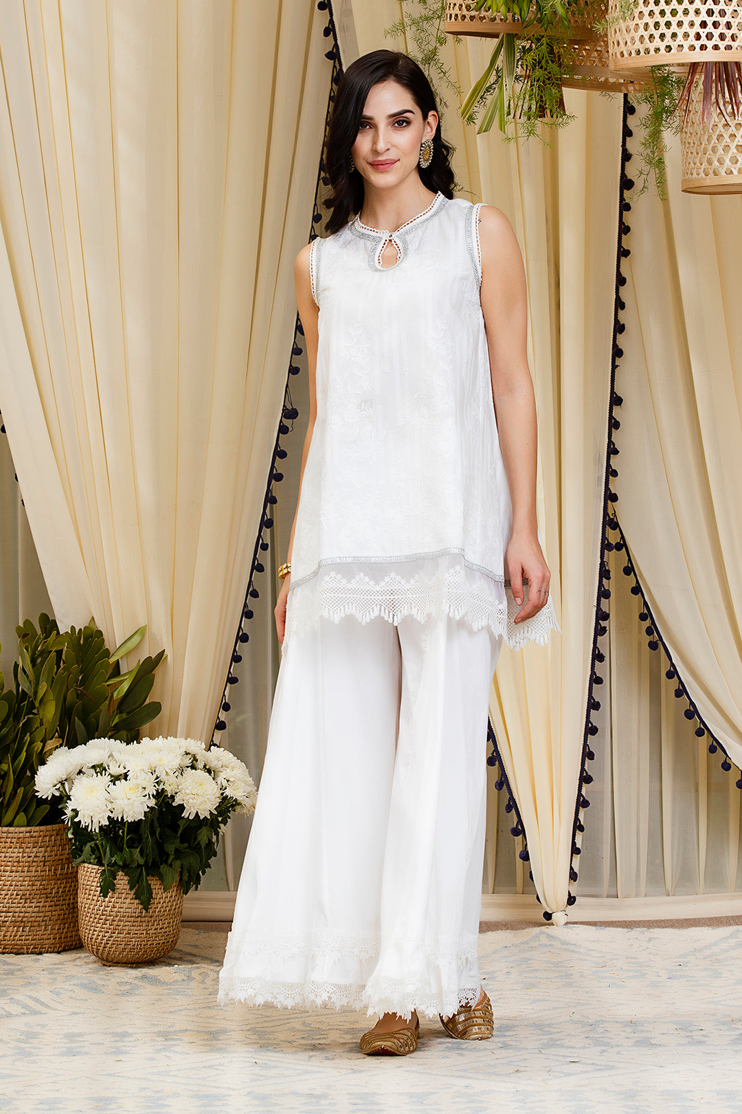 Mulmul Blossom White Kurti With Blossom Sharara