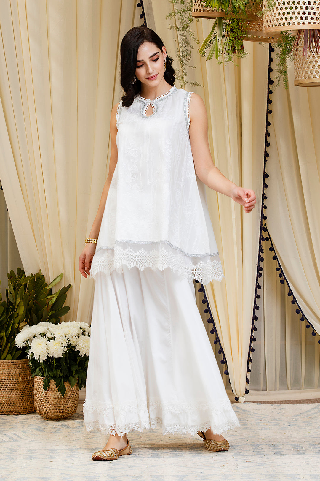 Mulmul Blossom White Kurti With Blossom Sharara