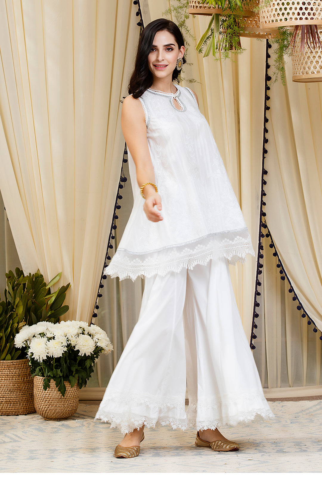 Mulmul Blossom White Kurti With Blossom Sharara