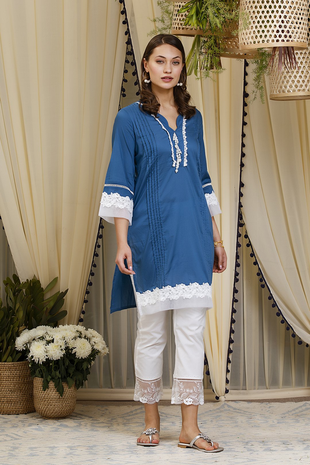 Mulmul Cotton Orchid  Kurta With Embroidered  Organza pyajamas