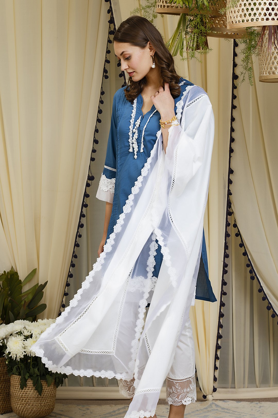 Mulmul Cotton Orchid  Kurta With Embroidered  Organza pyajamas