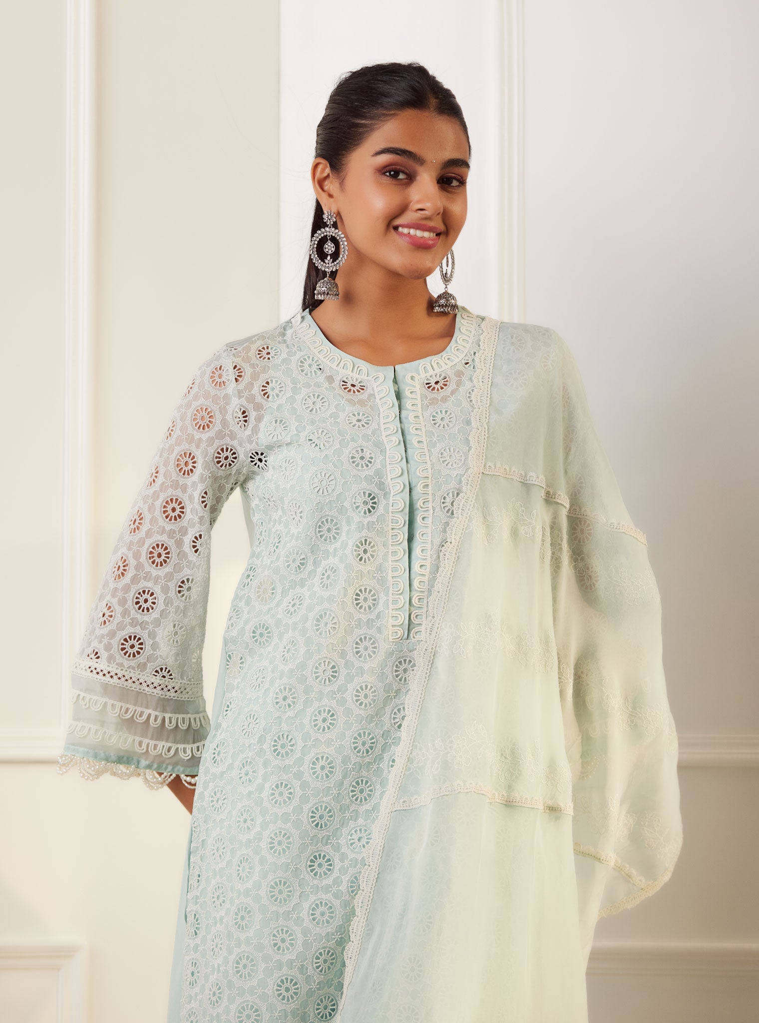 Mulmul Organza Charlotte Light Blue Kurta With Cotton Charlotte Light Blue Pant