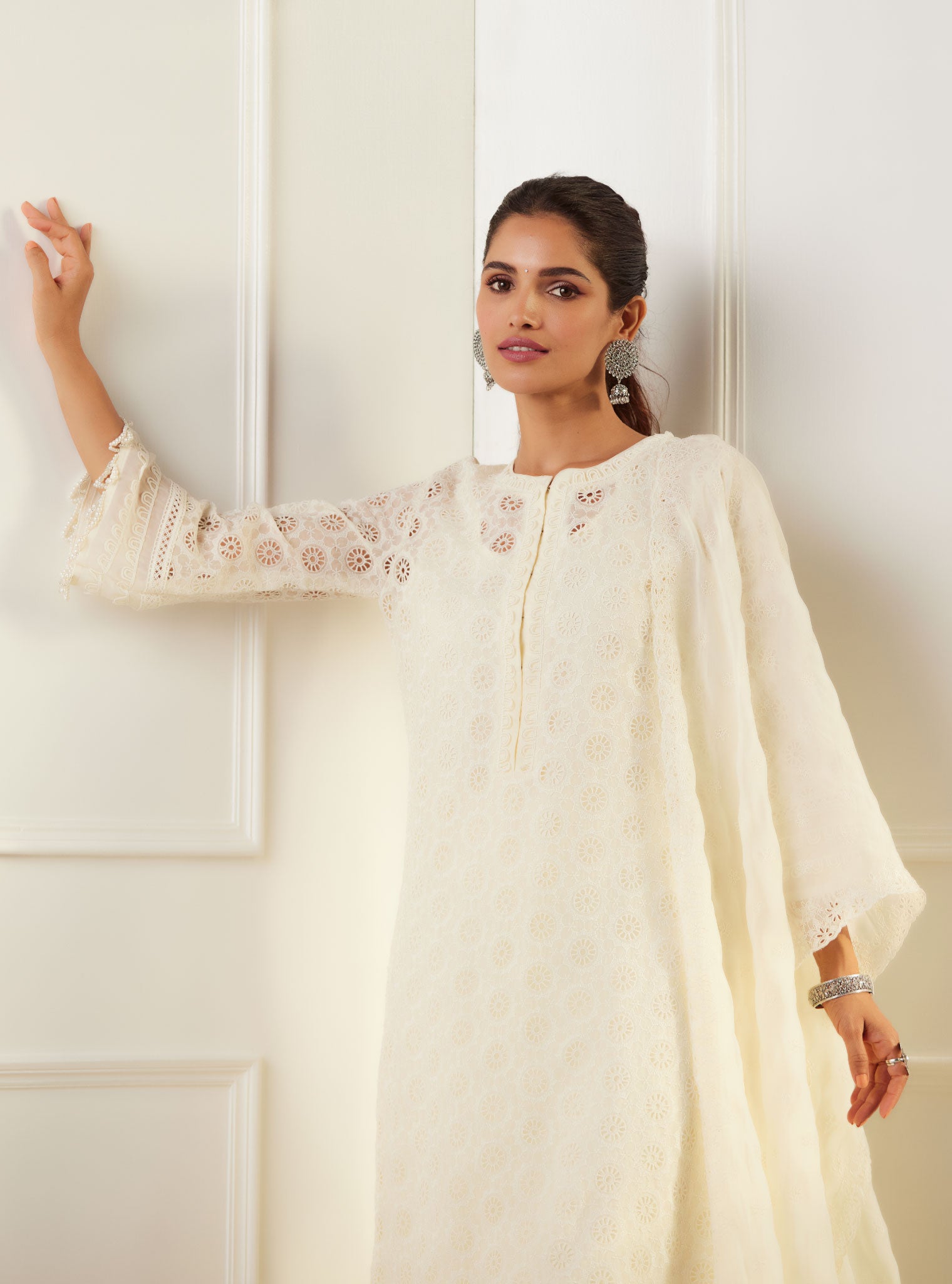 Mulmul Organza Charlotte Off White Kurta With Cotton Charlotte Off White Pant