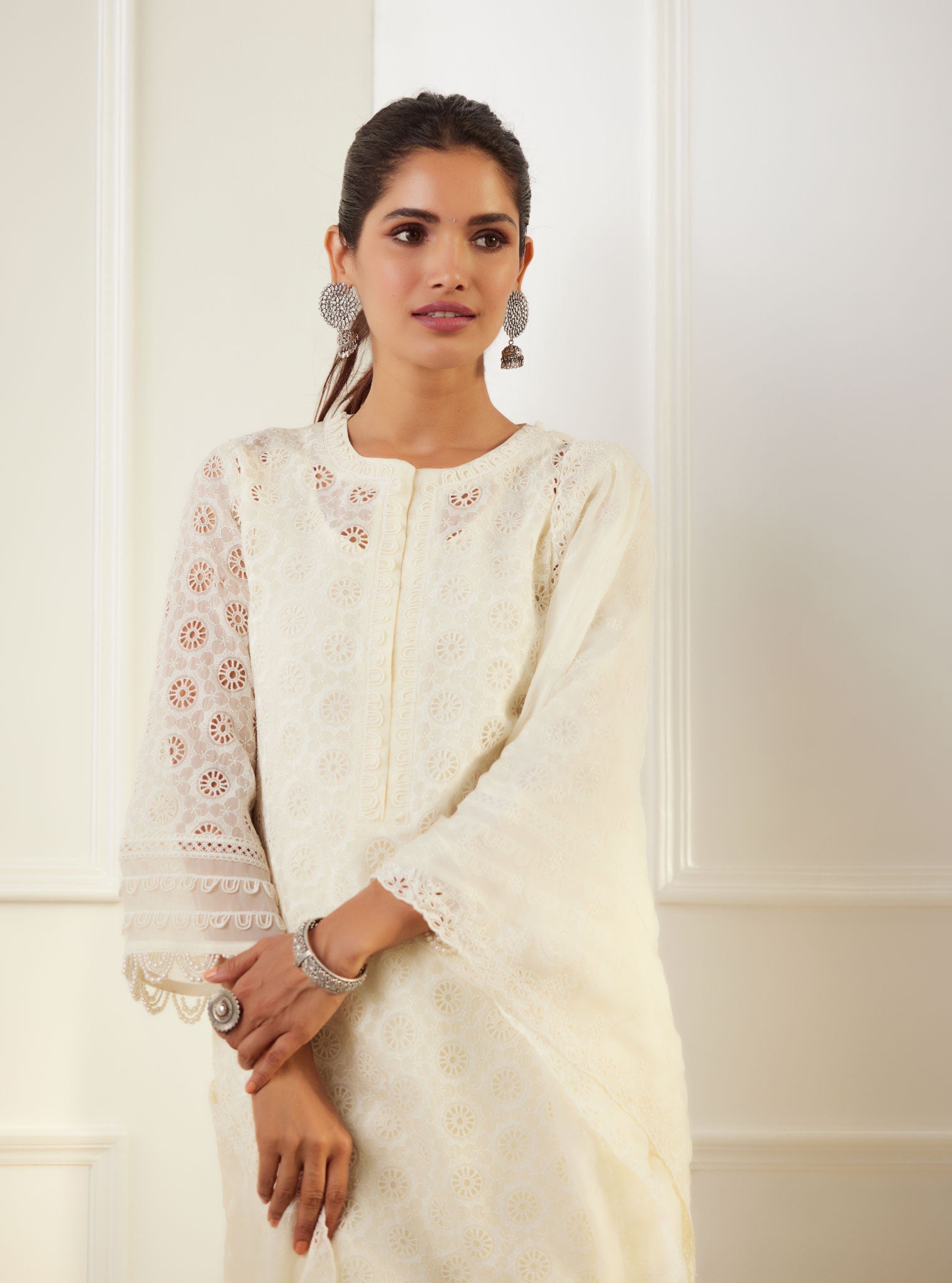 Mulmul Organza Charlotte Off White Kurta With Cotton Charlotte Off White Pant