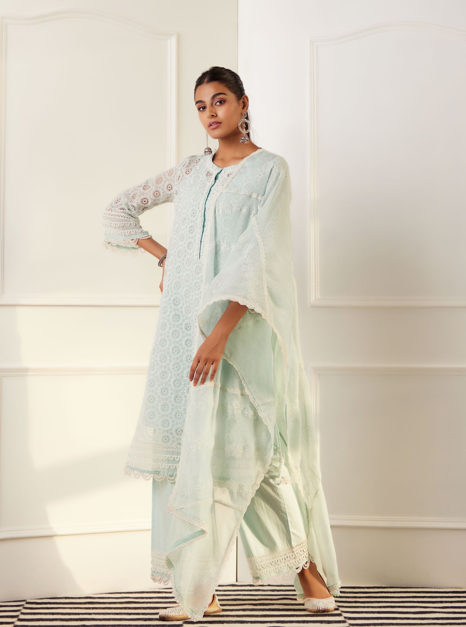 Mulmul Organza Charlotte Light Blue Kurta With Cotton Charlotte Light Blue Pant