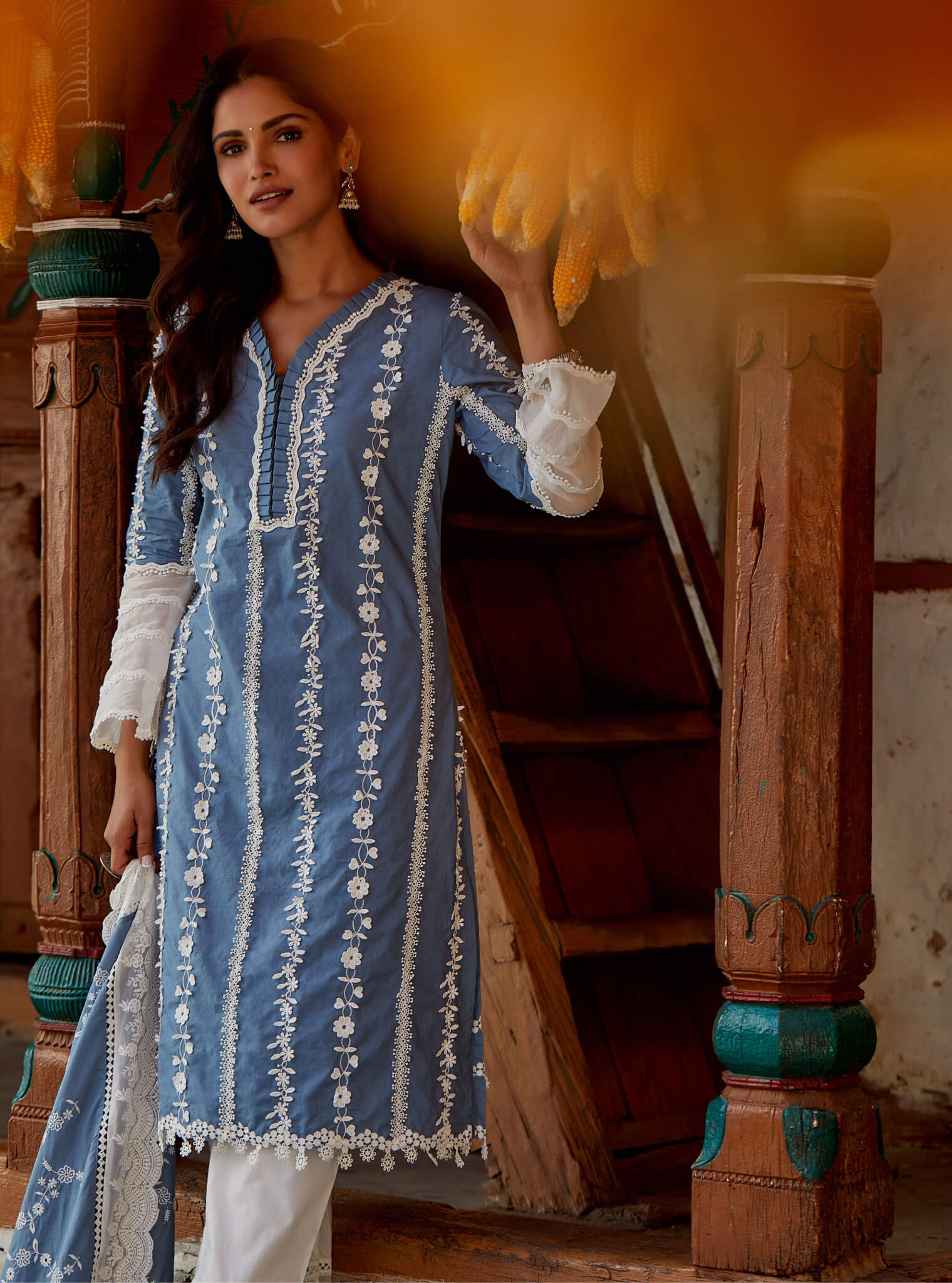 Mulmul Cotton Sainj Blue Kurta