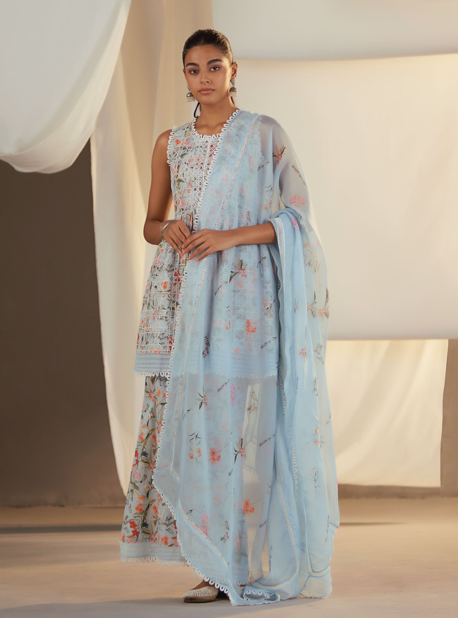 Mulmul Cotton Elora Blue Kurta With Elora Blue Bell Bottom Pant