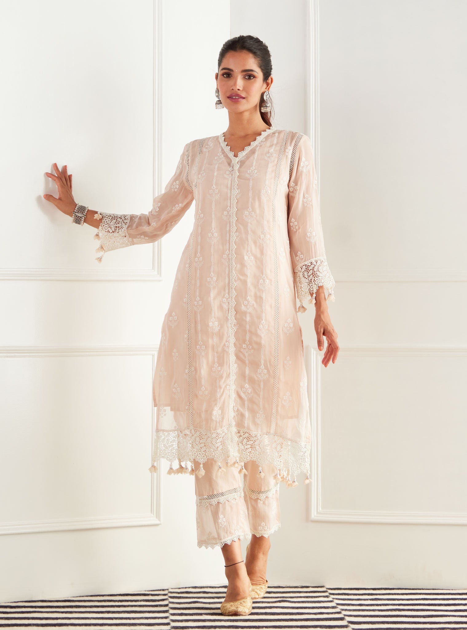 Mulmul Organza Jolene Beige Kurta With Cotton Jolene Beige Pant