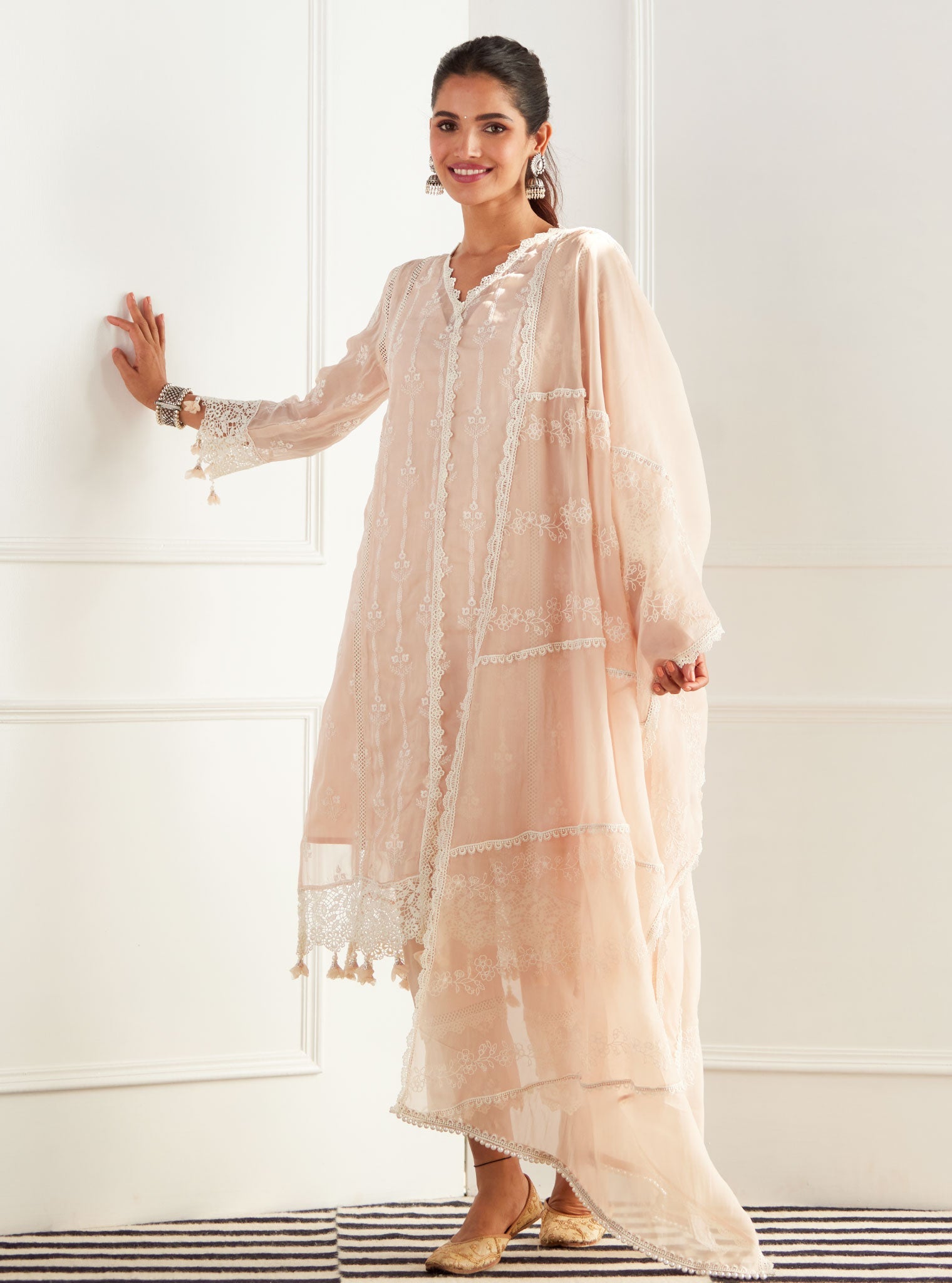 Mulmul Organza Jolene Beige Kurta With Cotton Jolene Beige Pant