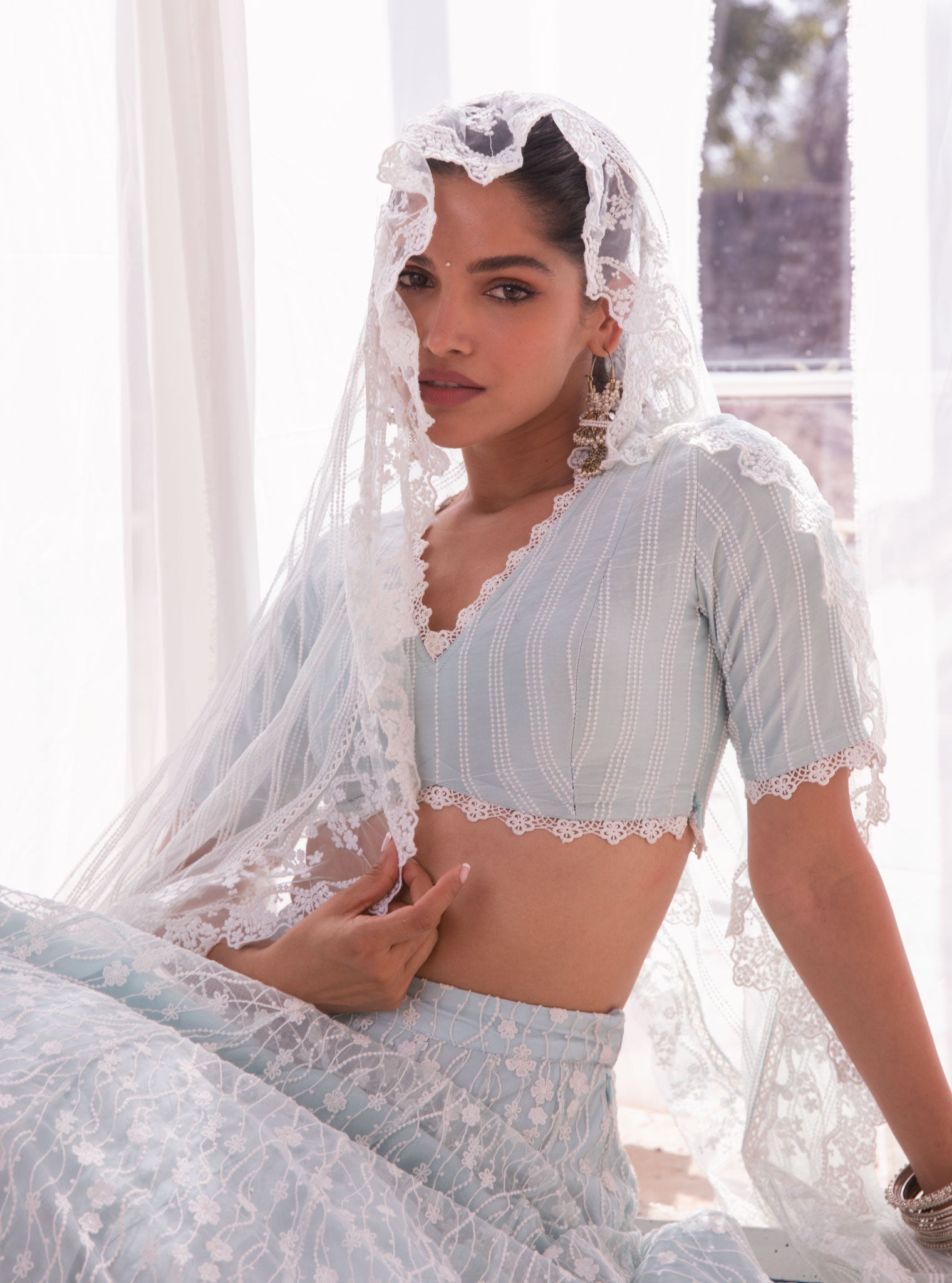 Mulmul Kasauli Blue Net Lehenga