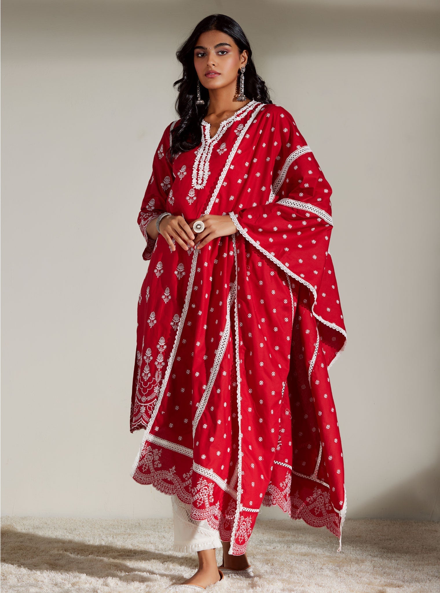 Mulmul Cotton Keily Red Kurta With Mulmul Cotton Diagonal Lace White Pant