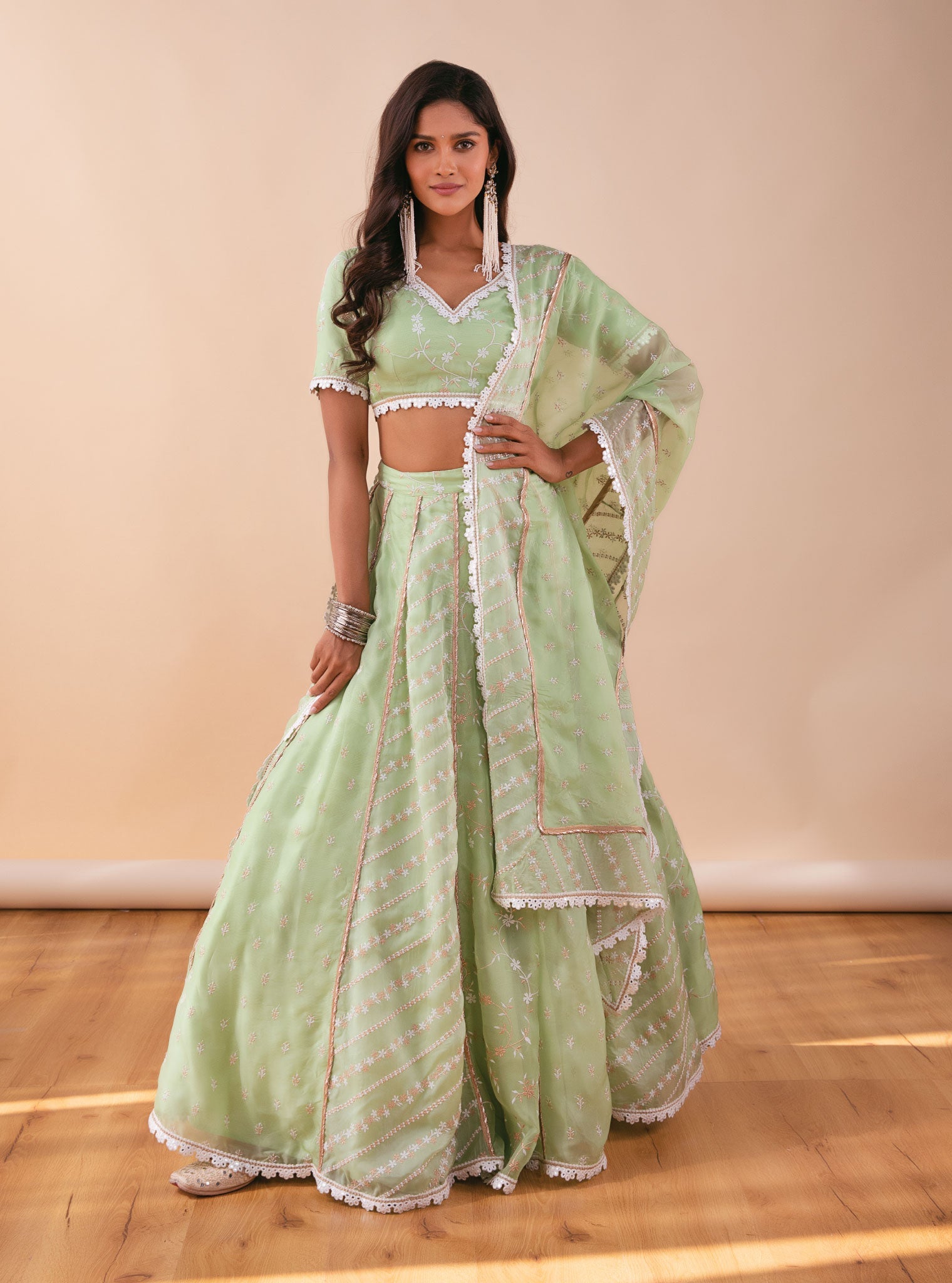 Mulmul Keylong Green Organza Lehenga