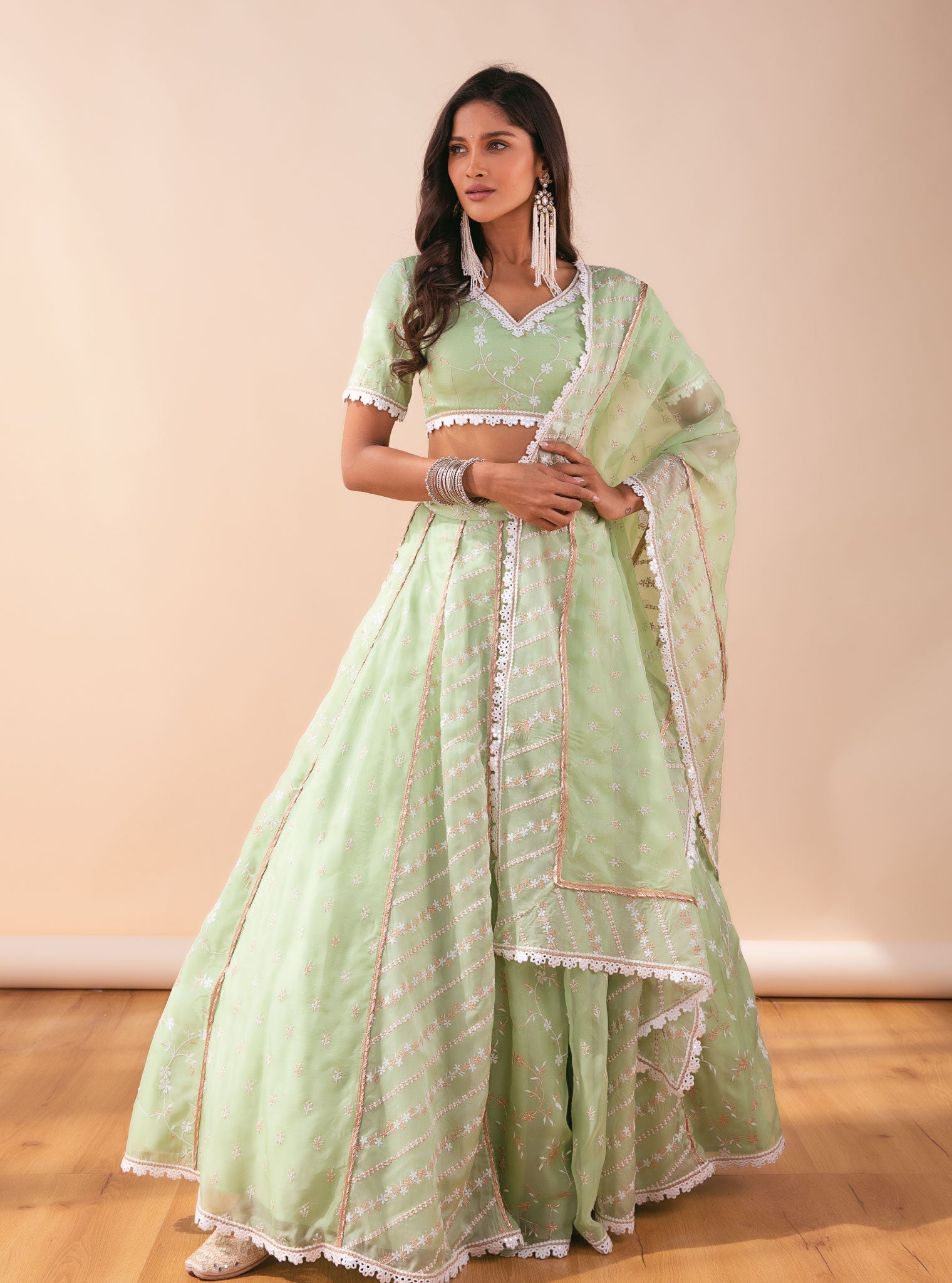 Mulmul Keylong Green Organza Lehenga