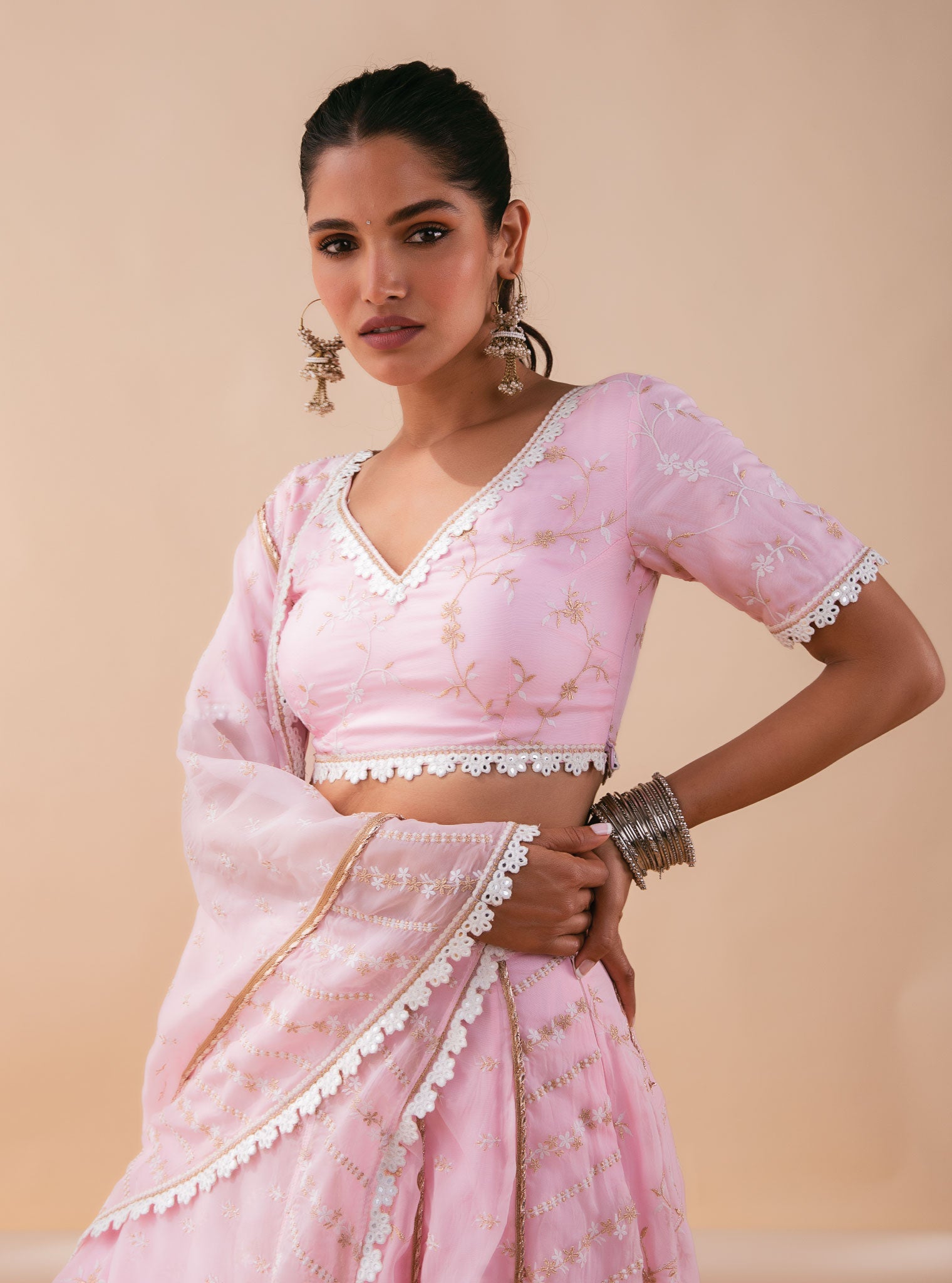 Mulmul Keylong Pink Organza Lehenga