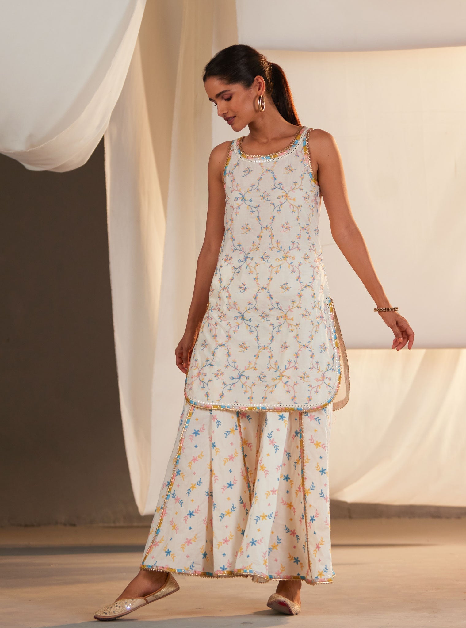 Mulmul Cotton Makayla Off White Kurta With Makayla Off White Sharara