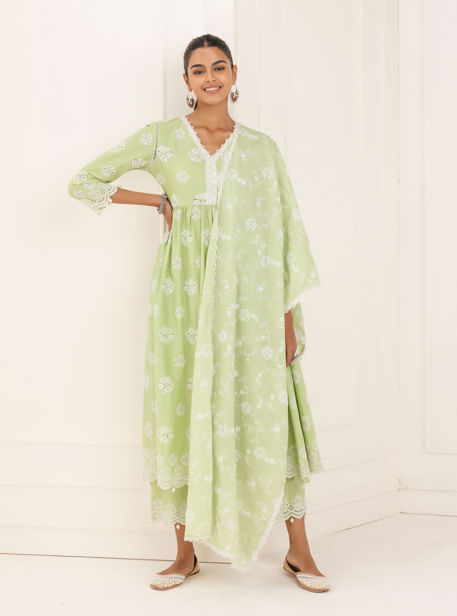 Mulmul Cotton Malana Green Kurta With Malana Green Palazzo