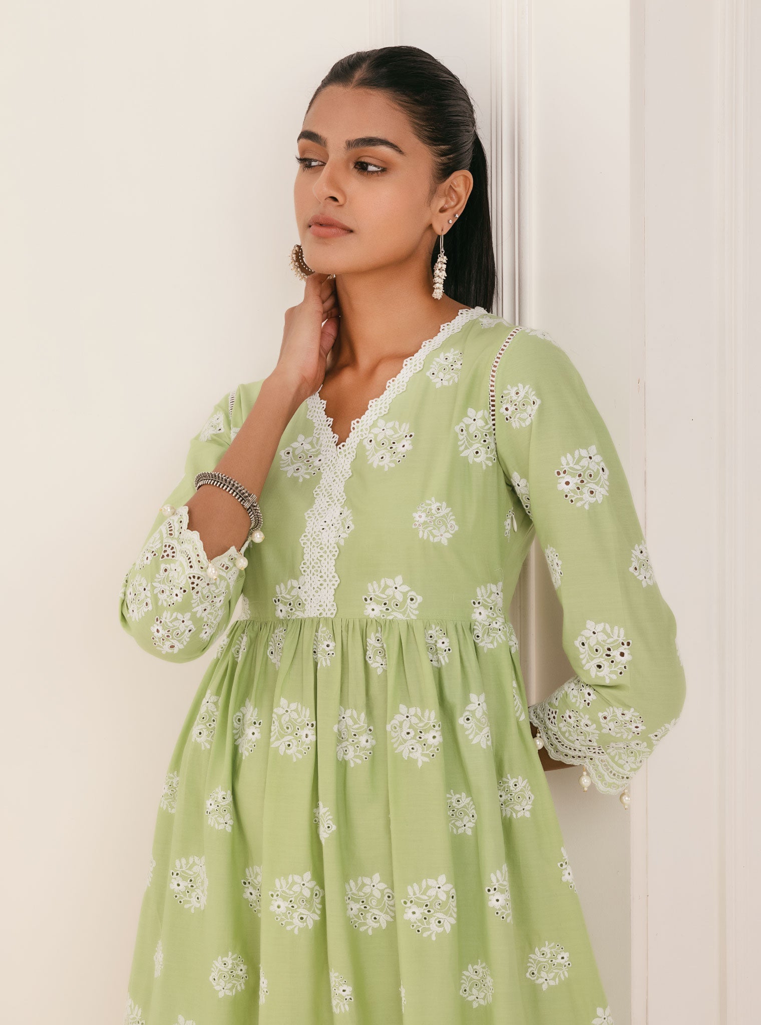 Mulmul Cotton Malana Green Kurta With Malana Green Palazzo