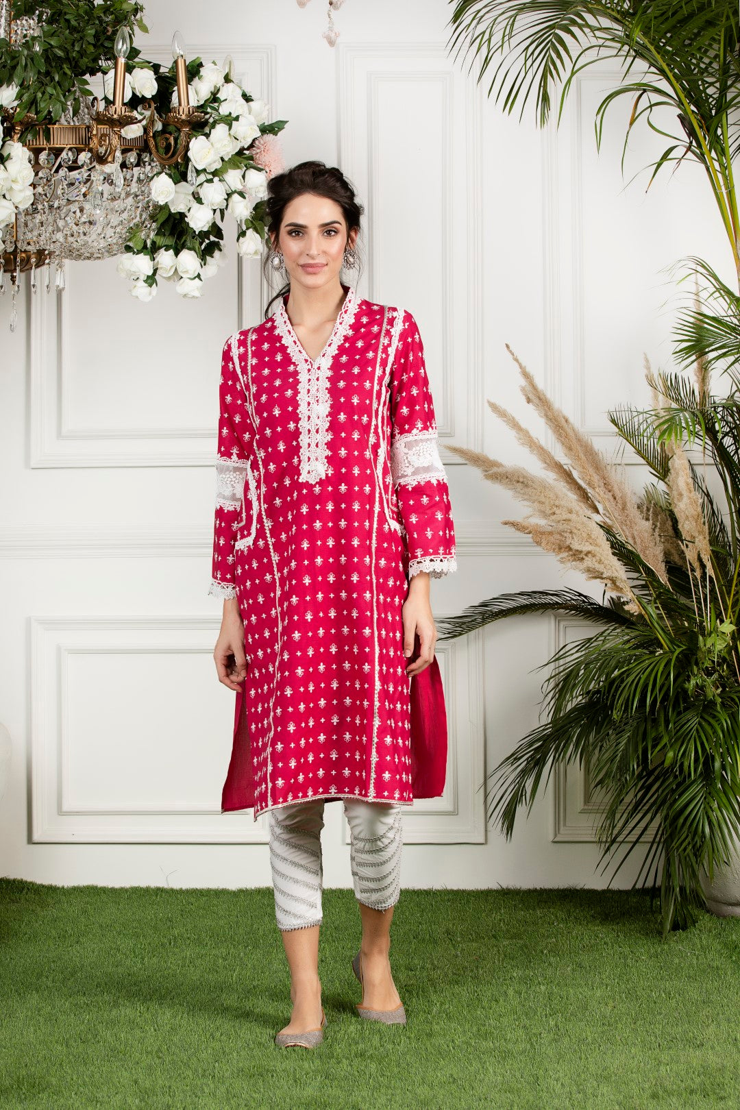 Mulmul Cotton WinterBerry Kurta With Mulmul Gota Daigonal Pyajamas