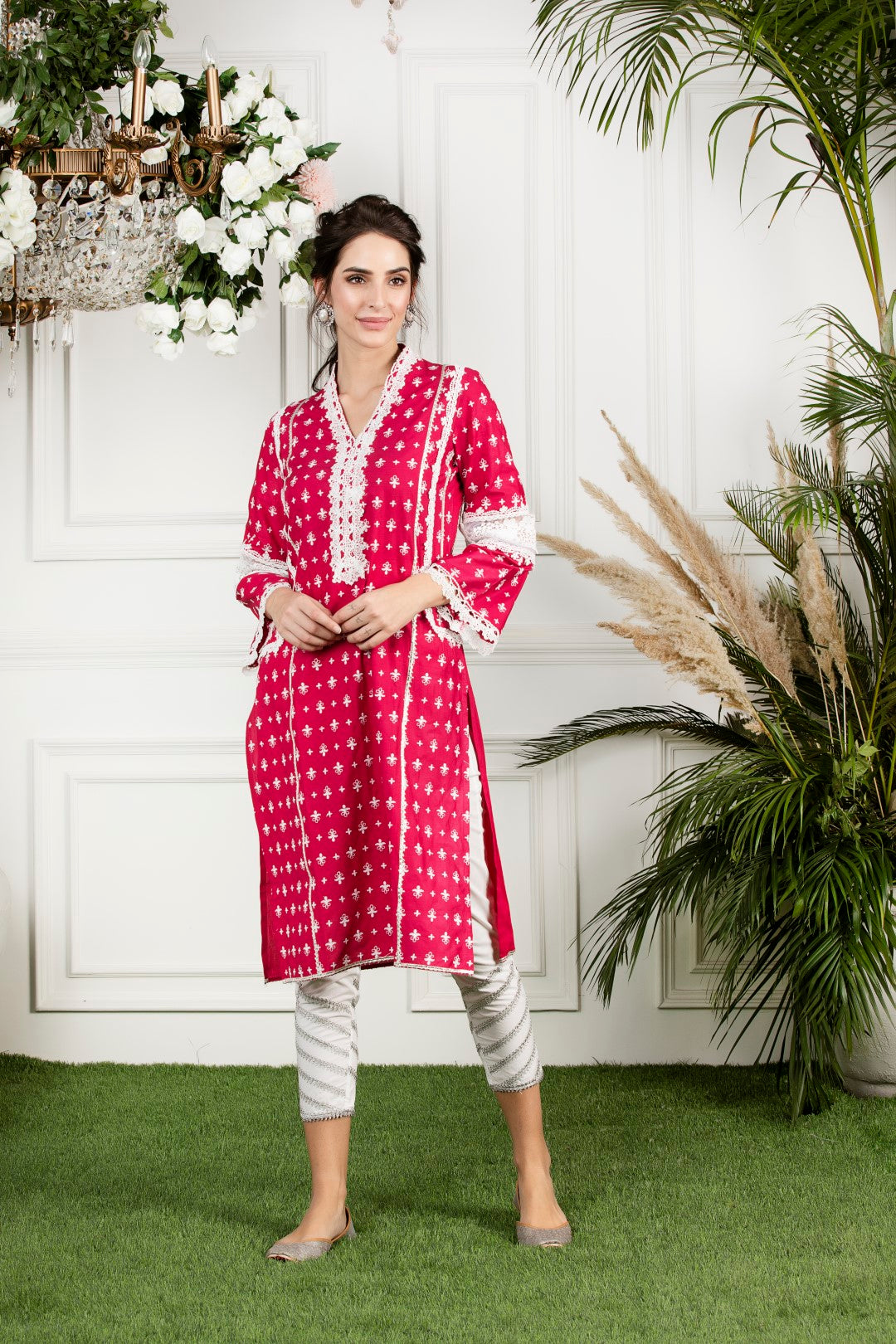 Mulmul Cotton WinterBerry Kurta With Mulmul Gota Daigonal Pyajamas