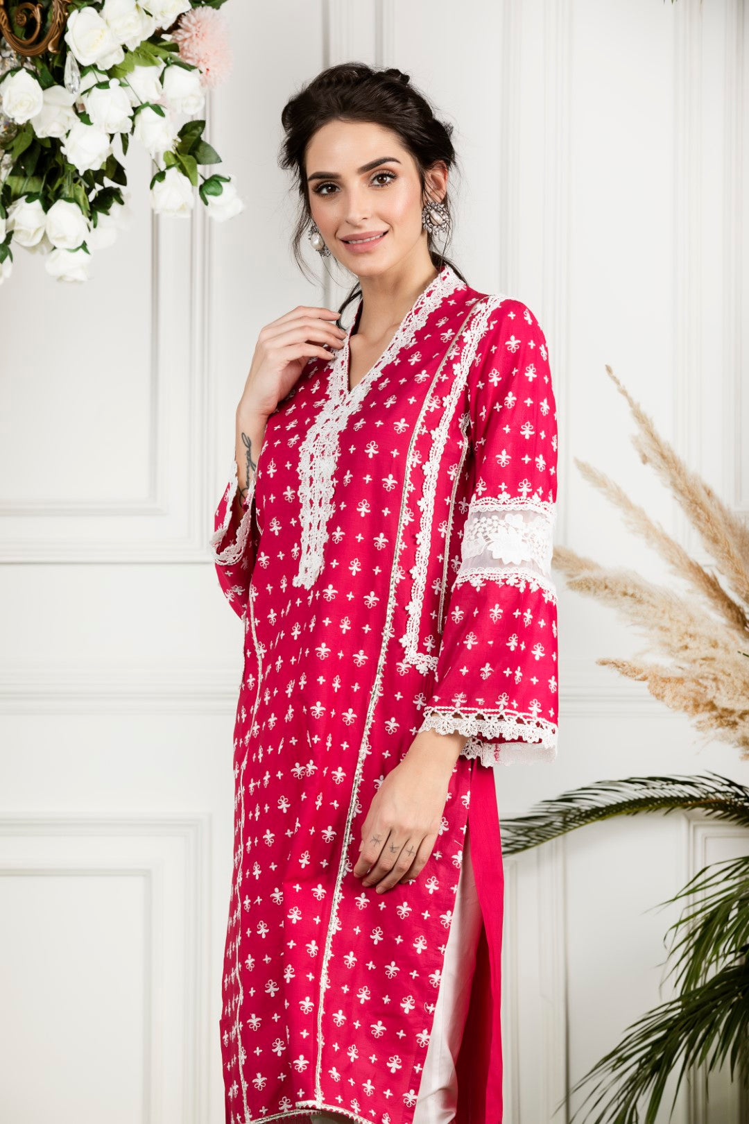 Mulmul Cotton WinterBerry Kurta With Mulmul Gota Daigonal Pyajamas