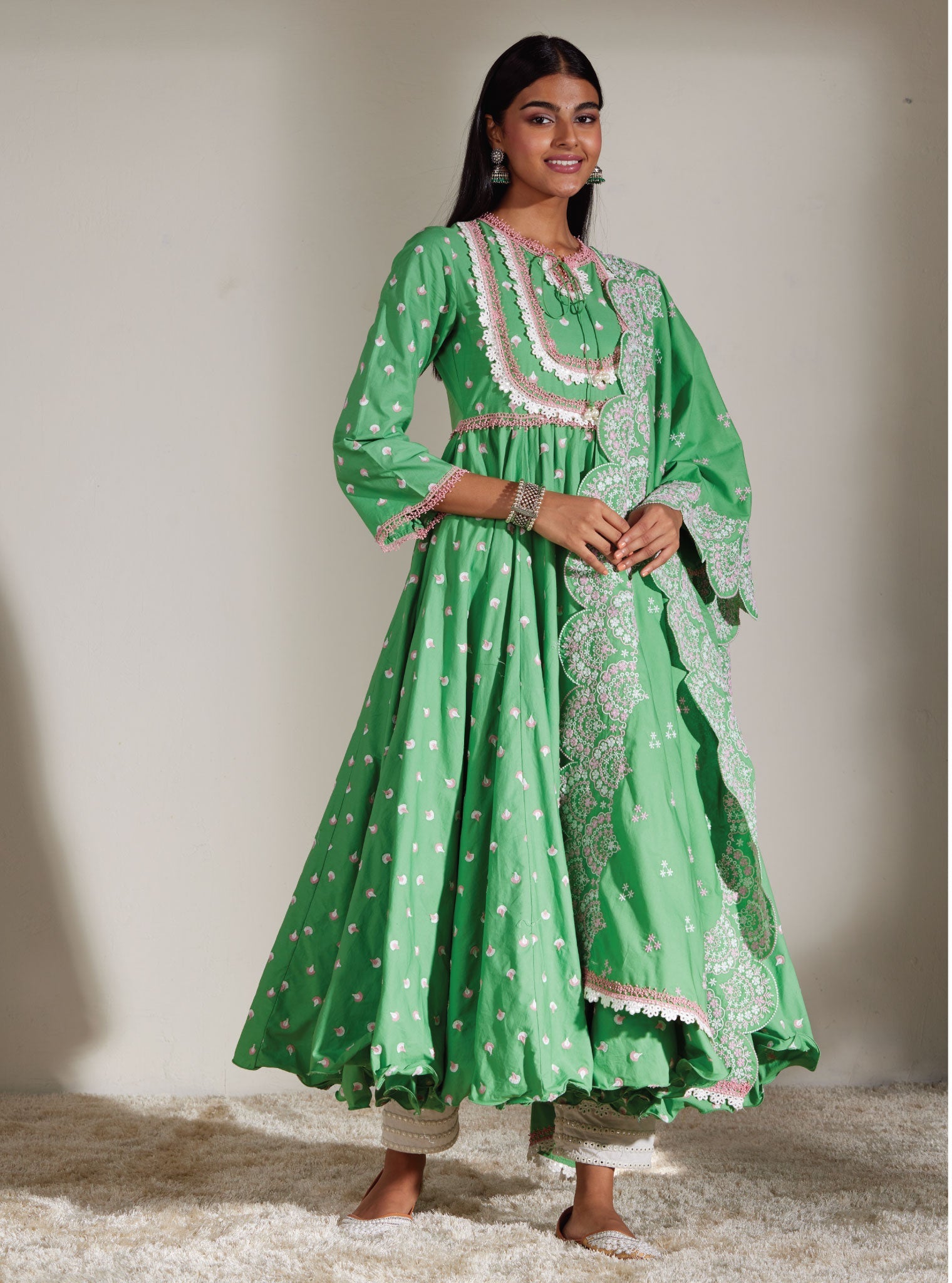 Mulmul Cotton Nadine Green Anarkali Kurta With Mirror Gota White Pant