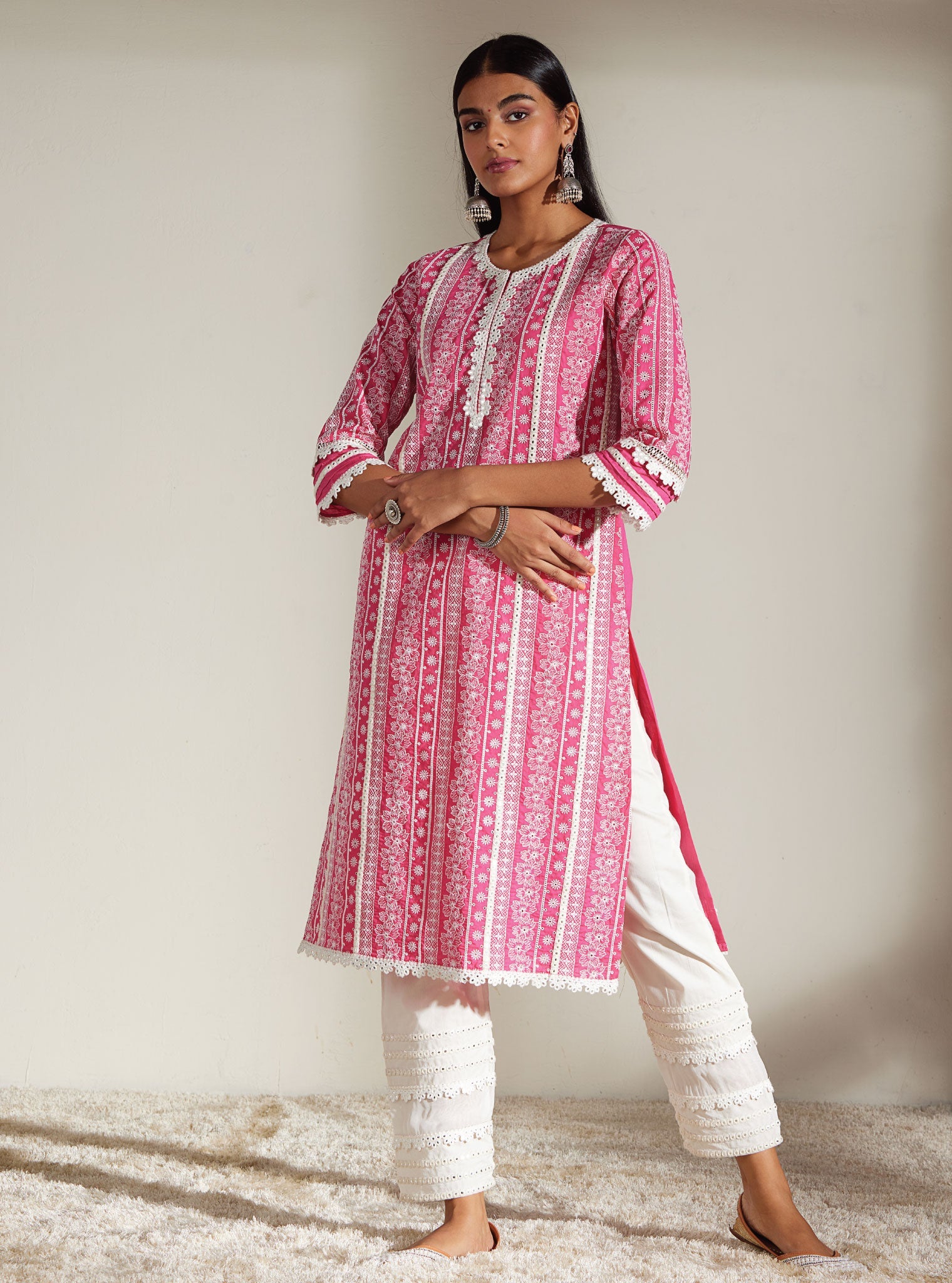 Mulmul Cotton Patricia Pink Kurta with Mulmul Cotton Mirror Gota White Pant