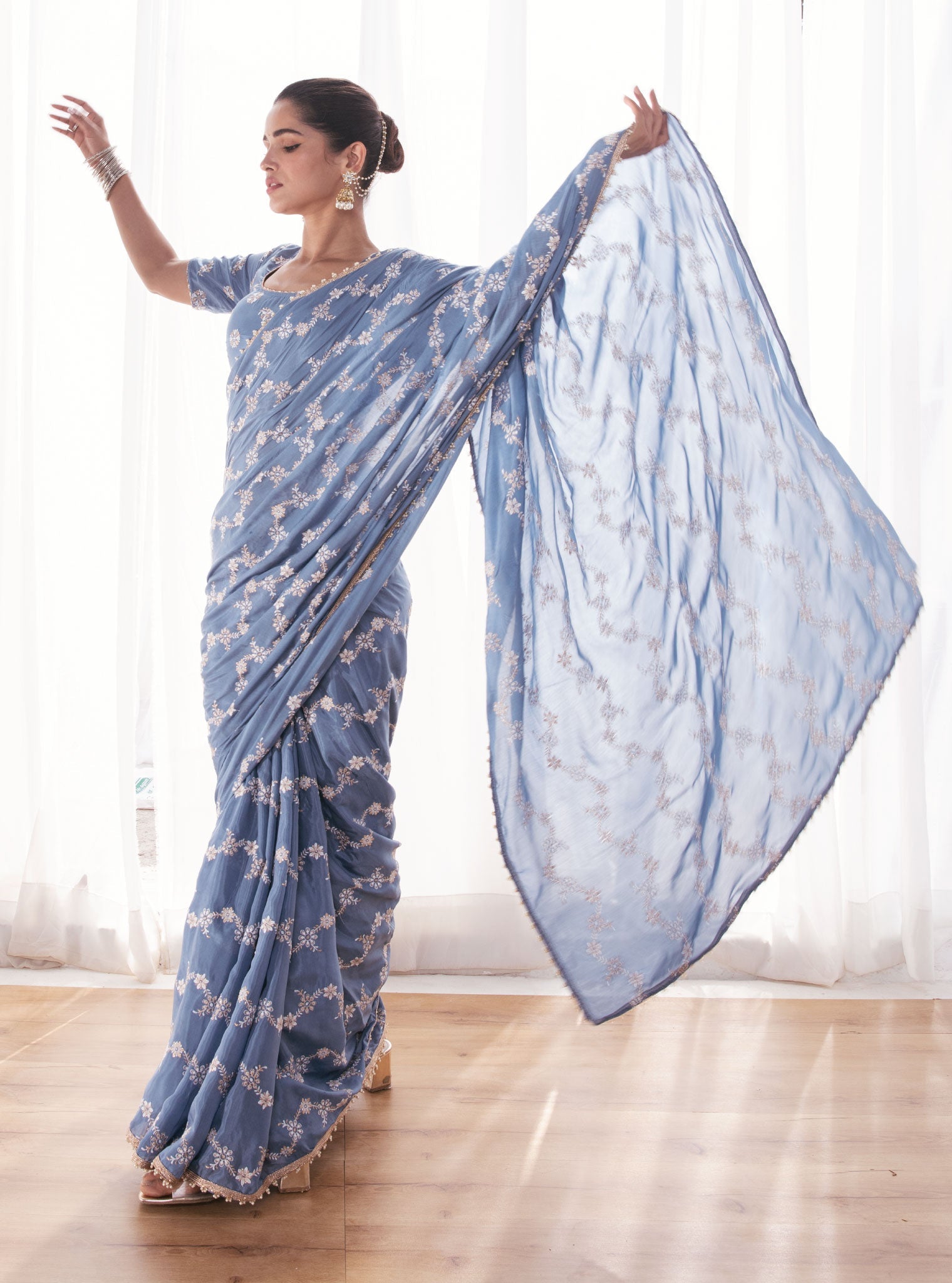 Mulmul Japanese Silk Pelling Blue Saree