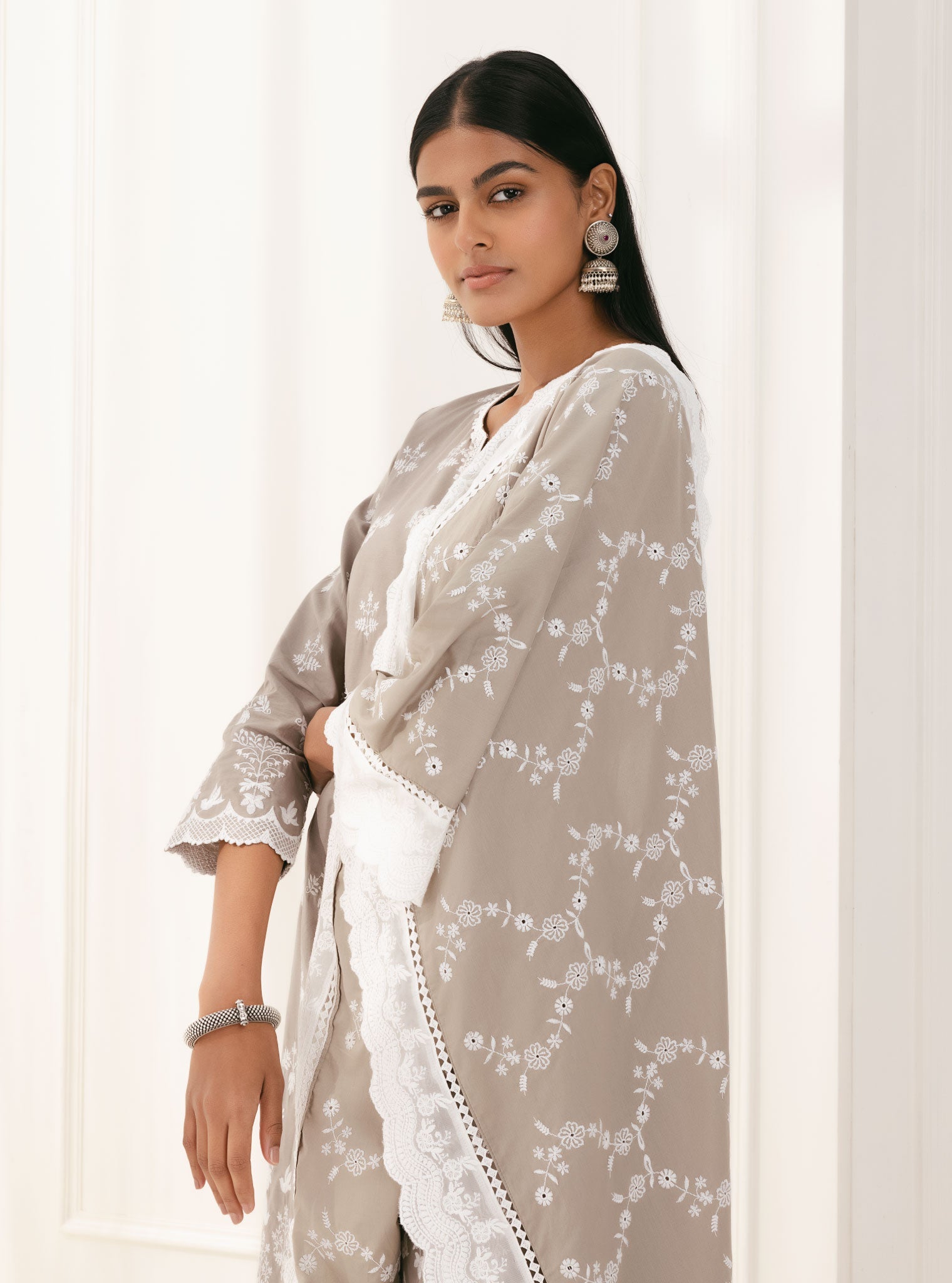 Mulmul Cotton Prini Grey Kurta With Prini Grey Palazzo