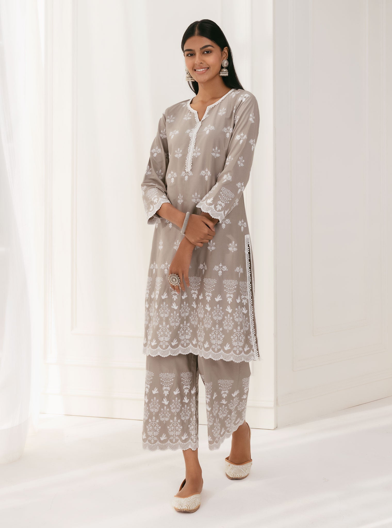 Mulmul Cotton Prini Grey Kurta With Prini Grey Palazzo