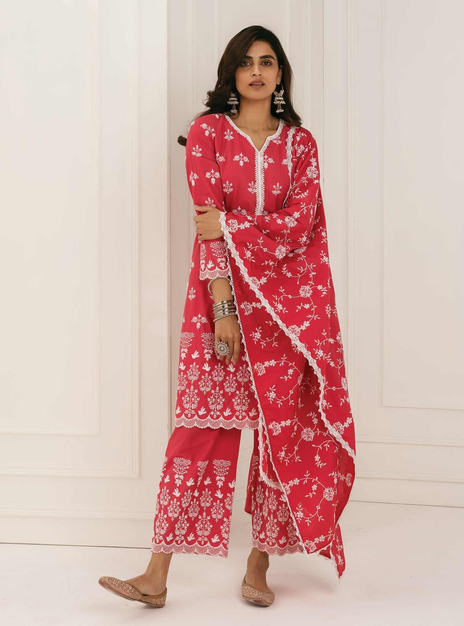 Mulmul Cotton Prini Red Kurta With Prini Red Palazzo