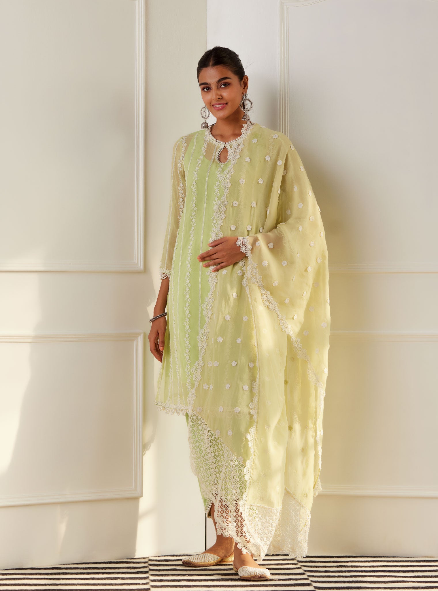 Mulmul Organza Zella Green Kurta With Cotton Zella Green Pant