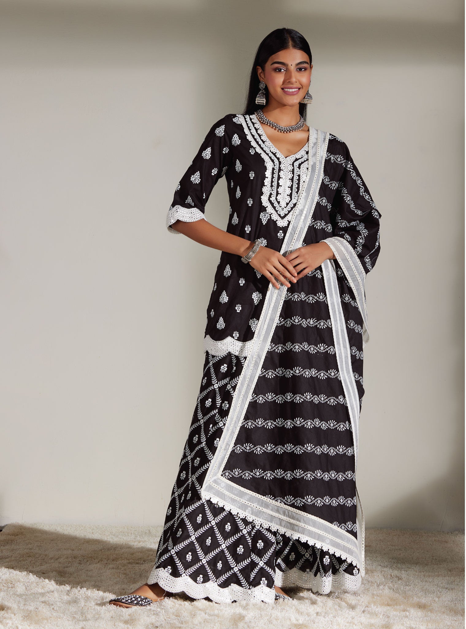 Mulmul Cotton Zoriana Black Kurta With Zoriana Black Sharara